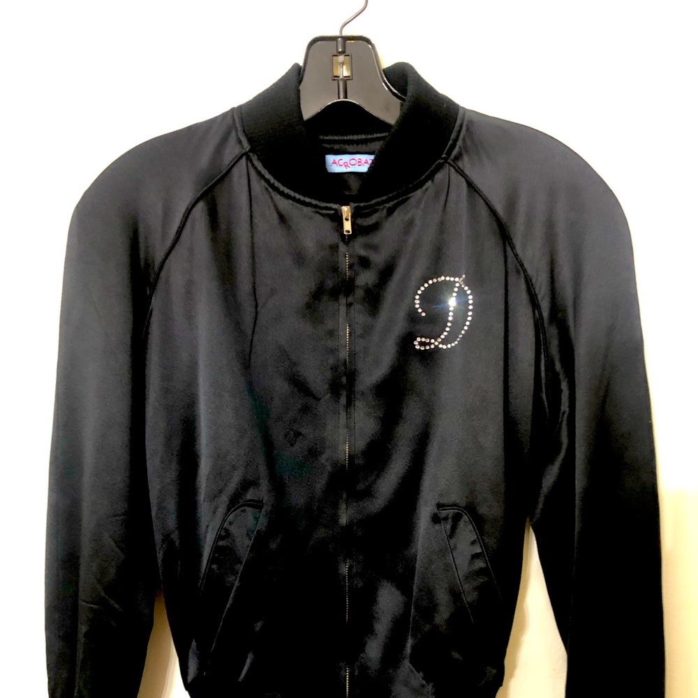 Zip front black satin jacket, rhinestone initial detail, lightweight